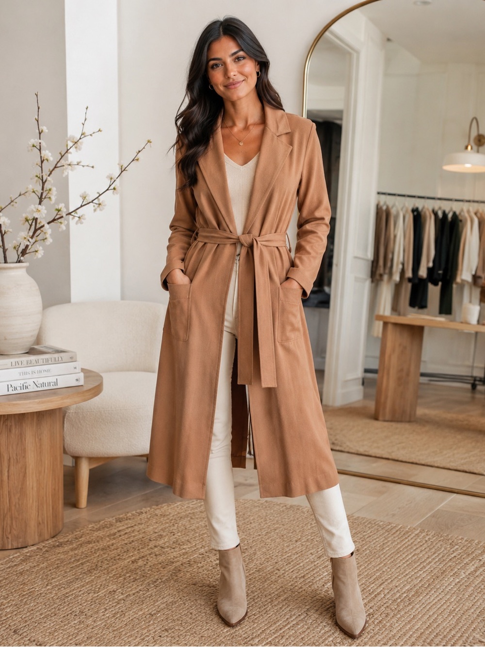 Tahari Camel Tie-Waist Long Trench Coat